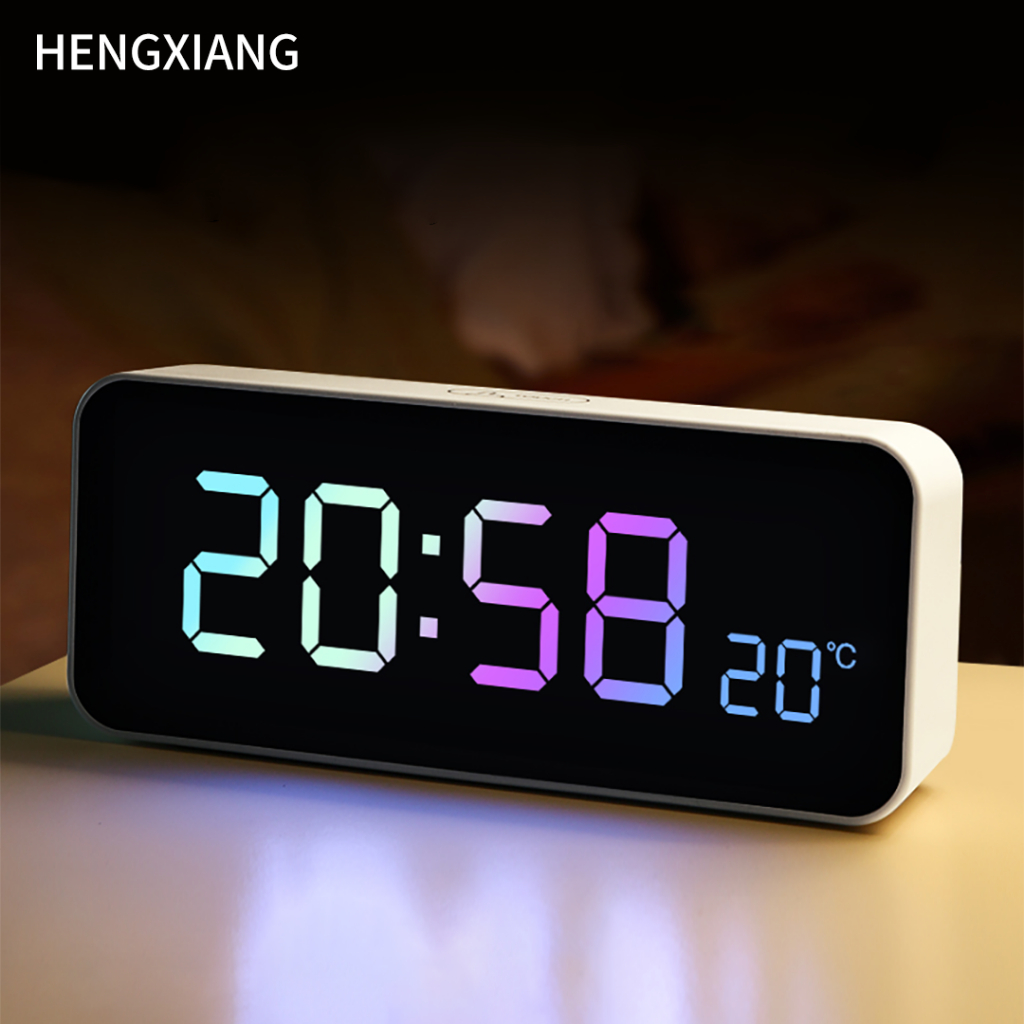 HENGXIANG นาฬิกาอุณหภูมิพื้นผิวกระจก LED ระบบควบคุมแบบสัมผัส นาฬิกาปลุกคู่ ปริมาณ 3 ขั้นตอน Tap-to-S