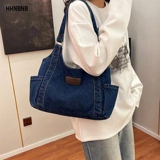 Hhnbnb กระเป๋าเดนิม แท้ กระเป๋าสะพายข้างผู้หญิง จุของได้เยอะ แบบเรียบง่าย แฟชั่นทันสมัย สําหรับนักเรียนหญิง