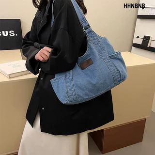 Hhnbnb กระเป๋าเดนิม แท้ กระเป๋าสะพายข้างผู้หญิง จุของได้เยอะ แบบเรียบง่าย แฟชั่นทันสมัย สําหรับนักเรียนหญิง
