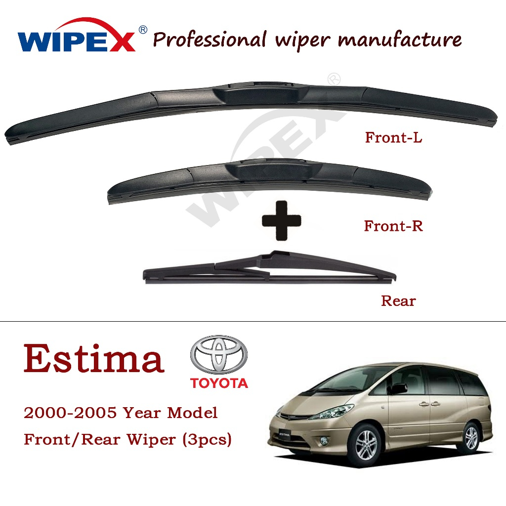 (ด้านหน้า/ด้านหลัง 3 ชิ้น) ใบปัดน้ําฝน Toyota Estima XR30 XR40 สําหรับ 2000 ถึง 2005 รุ่นชุดที่ปัดน้ําฝนกระจกรถยนต์ (ซิลิโคนด้านหน้า/ด้านหลังเดิม) จาก Wipex