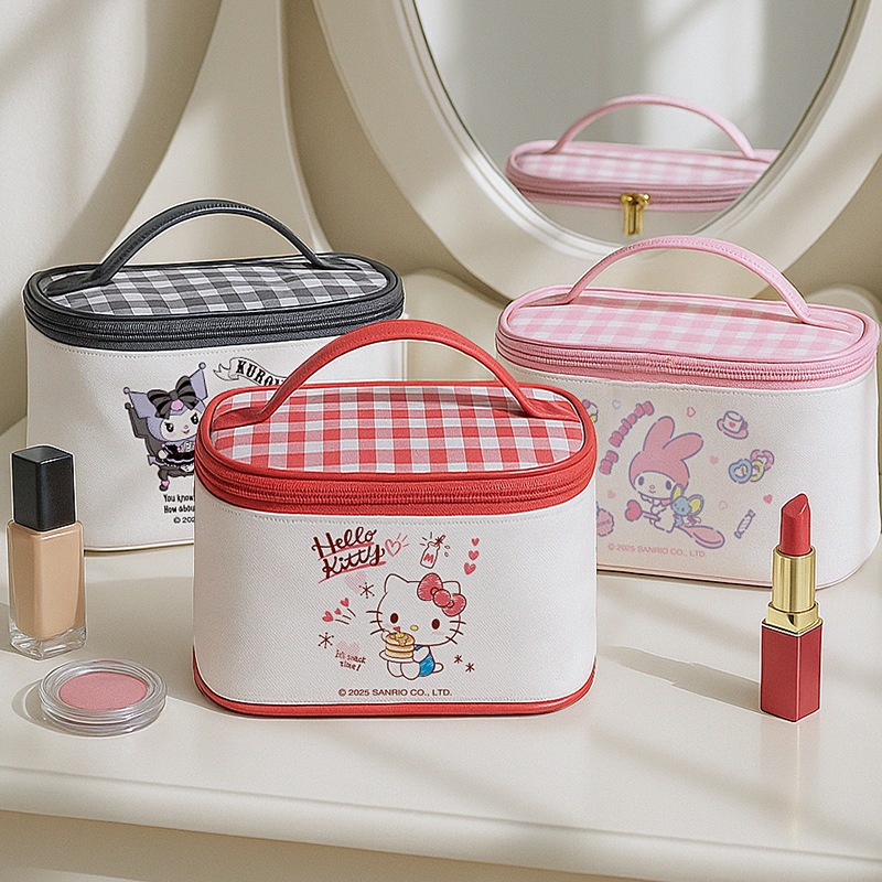 ใหม่ Sanrio Hello Kitty Melody Kuromi การ์ตูนน่ารักความจุสูงกระเป๋าเครื่องสําอางหนัง PU เด็กผู้หญิงแบบพกพากระเป๋าเก็บมือถือ