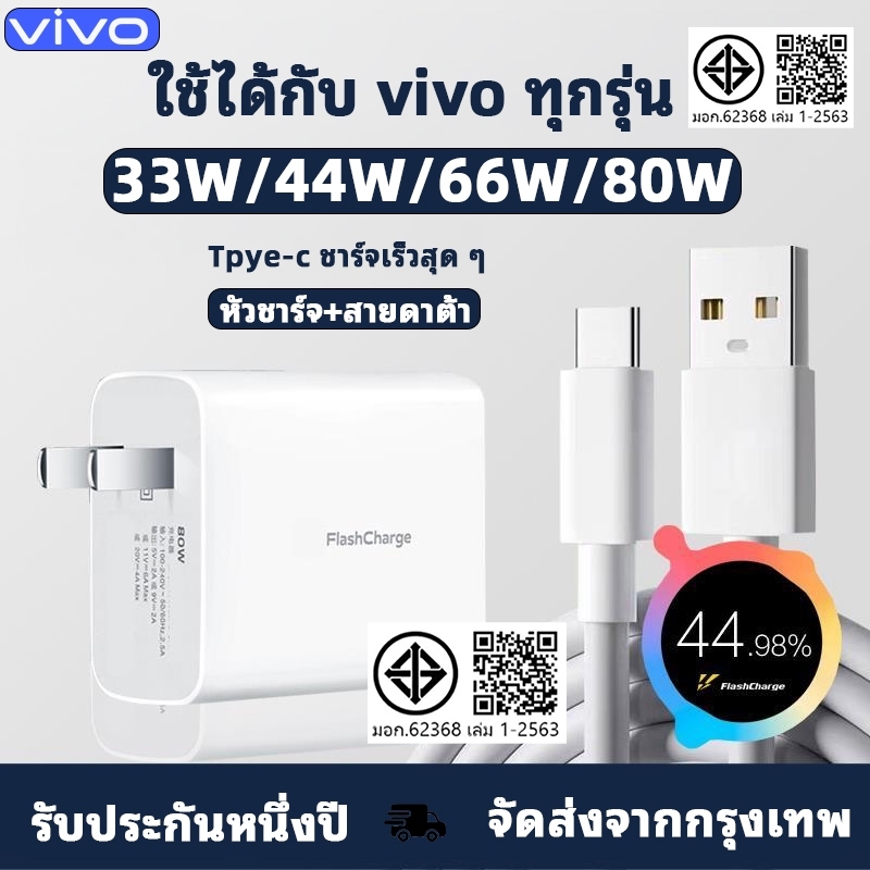 Vivo 44w/66w/80W Flash Charge Charger สายชาร์จFlashCharge หัวพร้อมสาย ชาร์จด่วน ของแท้ รองรับชาร์จไว