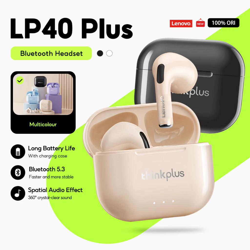Lenovo หูฟัง LP40 Plus LP40 II หูฟังบลูทูธไร้สายที่แท้จริงหูฟัง HD สเตอริโอ Latency ต่ํากีฬาสําหรับเล่นเกมพร้อมไมโครโฟนบลูทูธ 5.3