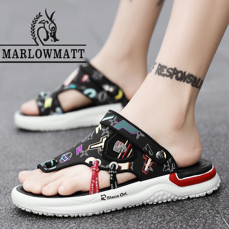 Marlowmatt รองเท้าแตะผู้ชาย Bohemian Graffiti พิมพ์แฟชั่นรองเท้าแตะ Rainy Season สไตล์ใหม่กันน้ํากันลื่น