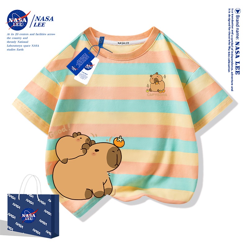 【จัดส่งภายใน 48 ชั่วโมง】เสื้อยืดเด็ก NASA (3-18 ปี) ผ้าฝ้ายลายทางสีเหลือง-น้ำเงิน ลายคาปิบารา แบบหลวมๆ นุ่มสบาย สำหรับเด็กชาย-หญิง