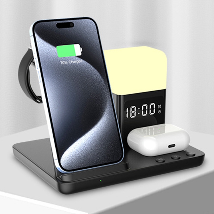 15W QI โทรศัพท์เครื่องชาร์จไร้สายสําหรับ Apple Watch Ultra 10/9/8 Aipods 4/3/Pro พร้อมนาฬิกาปลุก Lig