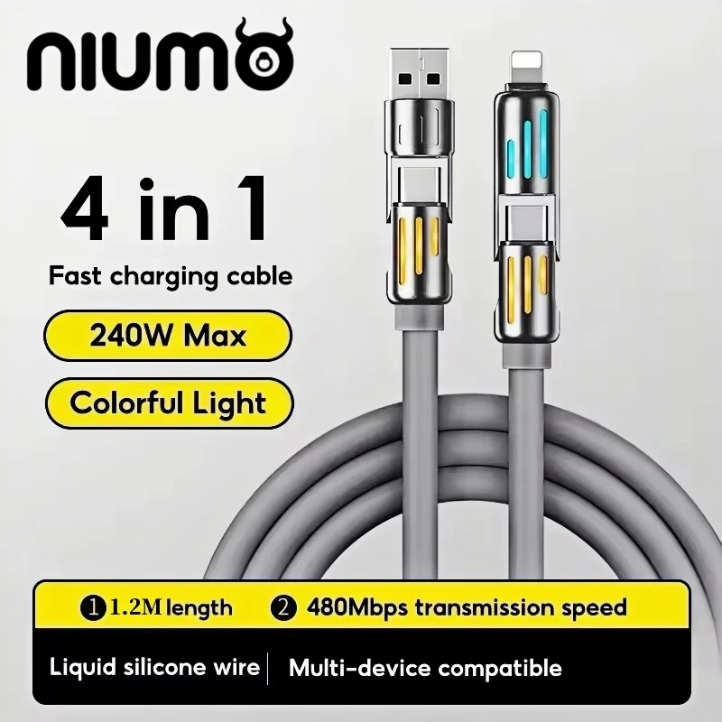 【niumo】สายชาร์จเร็ว 240W สายชาร์จเร็ว 4 in 1 Type-C จอแสดงผลภาพ USB ภาพ RGB