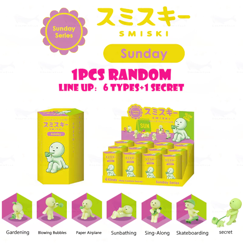 1 ชิ้นสุ่ม Smiski Mini Figure Sunday Series กล่องตาบอดน่ารักยืนตกแต่ง Line up: 6 ประเภท