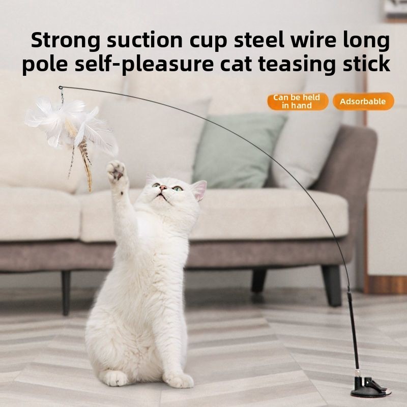 แมวตลก Funny Stick Sucker Cat Self-Happy Long Rod ลวดเหล็ก Feather เปลี่ยนหัว Bite-Resistant มาพร้อม Bell ของเล่นแมว Re