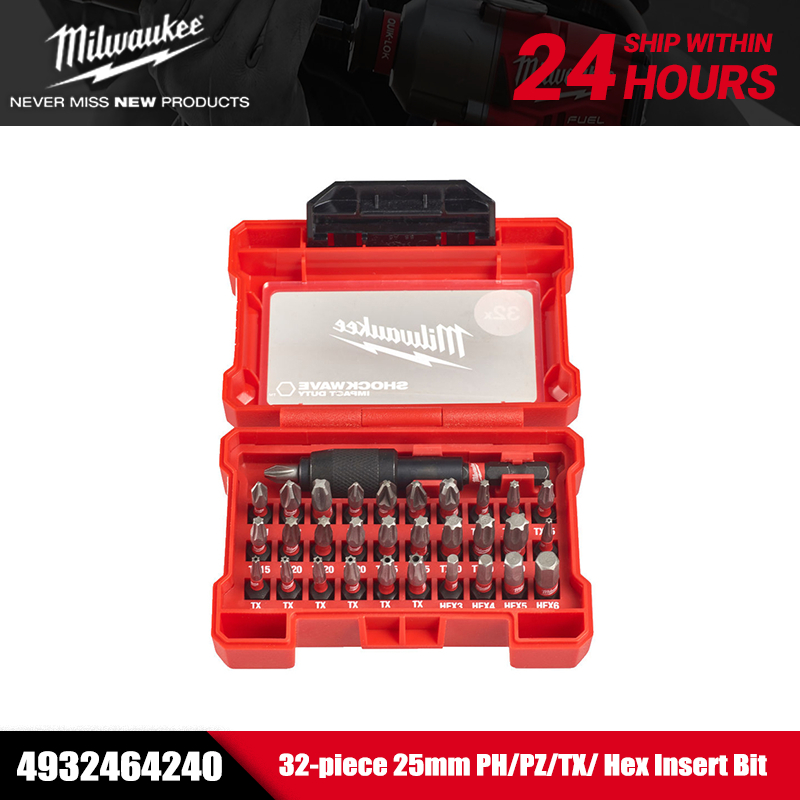 Milwaukee SHOCKWAVE Impact Duty Bit Hex HolderSet 32 ชิ้น 25 มม.PH/PZ/TX/ Hex ใส่เครื่องมือบิตอุปกรณ์เสริม 4932464240