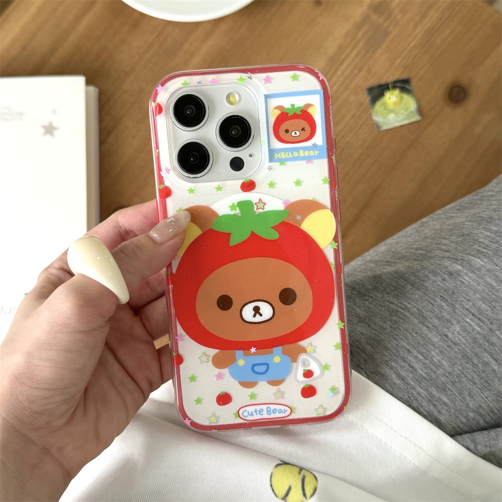 สําหรับกรณี iphone 16 PRO MAX 15 PRO MAX 14 PRO MAX 2-in-1 มะเขือเทศสองด้านง่ายหมีเคสโทรศัพท์