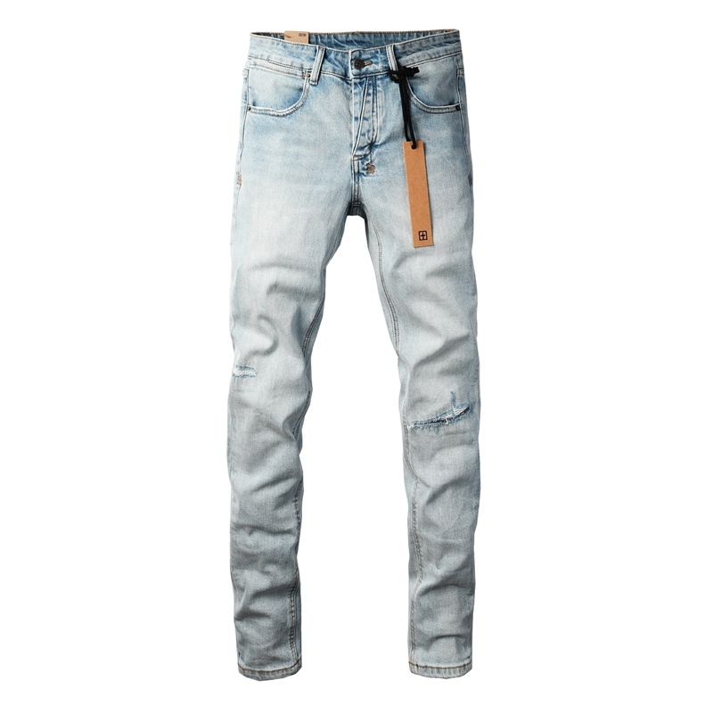 High Street Fashion Man Jeans กางเกงยีนส์สีน้ำเงินสลิมออกแบบตัดยืดหยุ่นกางเกงยีนส์ผู้ชายคุณภาพสูง