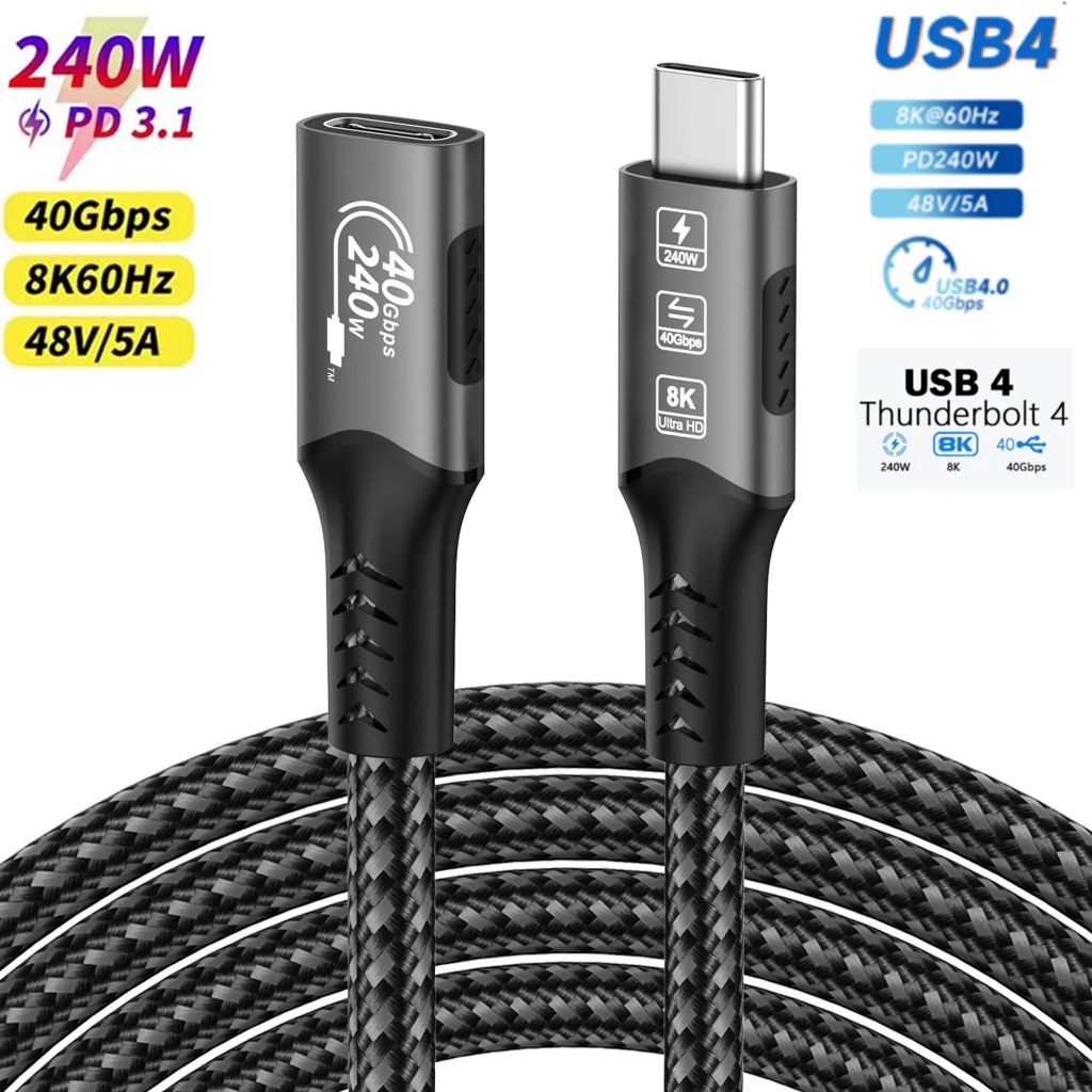 0.5m 1m 1.8m USB 4 สาย USB c ชายกับหญิงType-c สาย 8K @ 60Hz 240W 40Gbps Thunderbolt 4 สายสําหรับแล็ปท็อปโทรศัพท์แท็บเล็ต Hubs Hard Disk