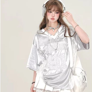 Eershenshi อินเทรนด์เคลือบเงากีฬาสไตล์หลวมเสื้อยืดแขนสั้นผู้หญิงฤดูร้อนใหม่ Patchwork V คอ