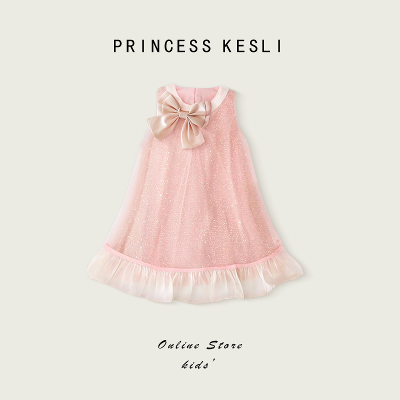 Princess Kesli ชุดเดรสเด็กผู้หญิง แขนกุด ชุดเดรสสีชมพู แต่งโบว์ สไตล์เกาหลี 1-12 ปี