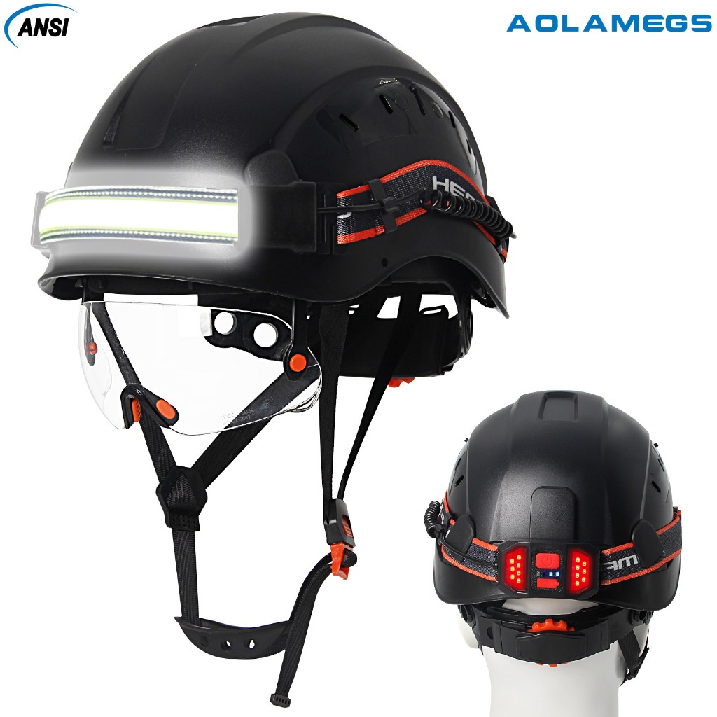 AOLAMEGS ABS หมวกนิรภัยพร้อมแว่นตาโปร่งใส USB Led ไฟหน้าก่อสร้าง soft light patch ไฟหน้า CE ANSI หมวกแข็งหมวก Night