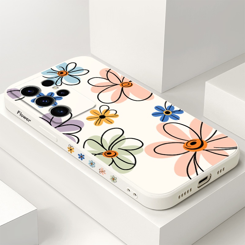 Hoop ดอกไม้เคสโทรศัพท์สําหรับ Samsung Galaxy S25 S24 S23 S22 FE Ultra Plus 5G ซิลิโคนเหลวด้านข้างรูปแบบฝาครอบ