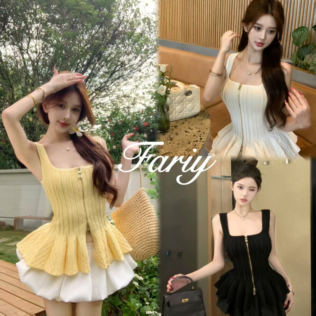 Fariy🍒คลังสินค้าพร้อม🍒 กระโปรงจีบคอยูขนาดใหญ่สไตล์บัลเล่ต์อารมณ์ลำลองพร้อมซิปคู่เสื้อท่อนบนถักนิตพร้อมสายสะพายสำหรับผู้หญิง