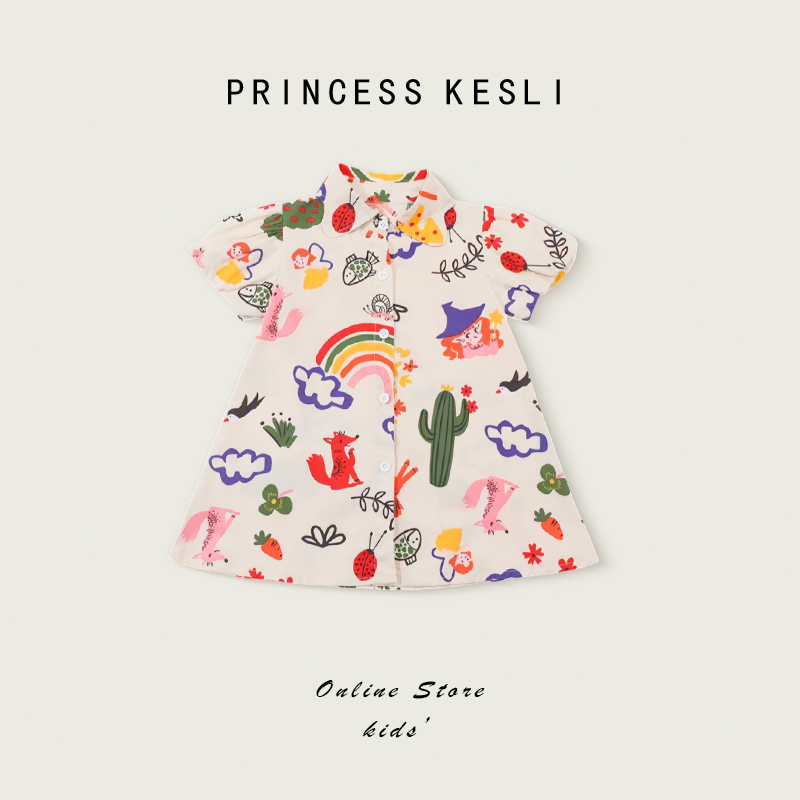 Princess Kesli ชุดเดรสเด็กผู้หญิง ชุดเดรสลายกราฟฟิตี แขนพอง สไตล์เกาหลี แฟชั่นฤดูร้อน 1-9 ปี