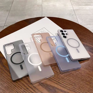 เคสใส s25 ultra samsung s24 Ultra S23 Plus S22 S21 S20 FE Ultra Matte สไตล์พื้นผิวหมอกน้ําแข็ง เคสกันกระแทกฮาร์ดพีซี ด้วยฟังก์ชั่นแม่เหล็ก เคสโทรศัพท์ที่มีสไตล์