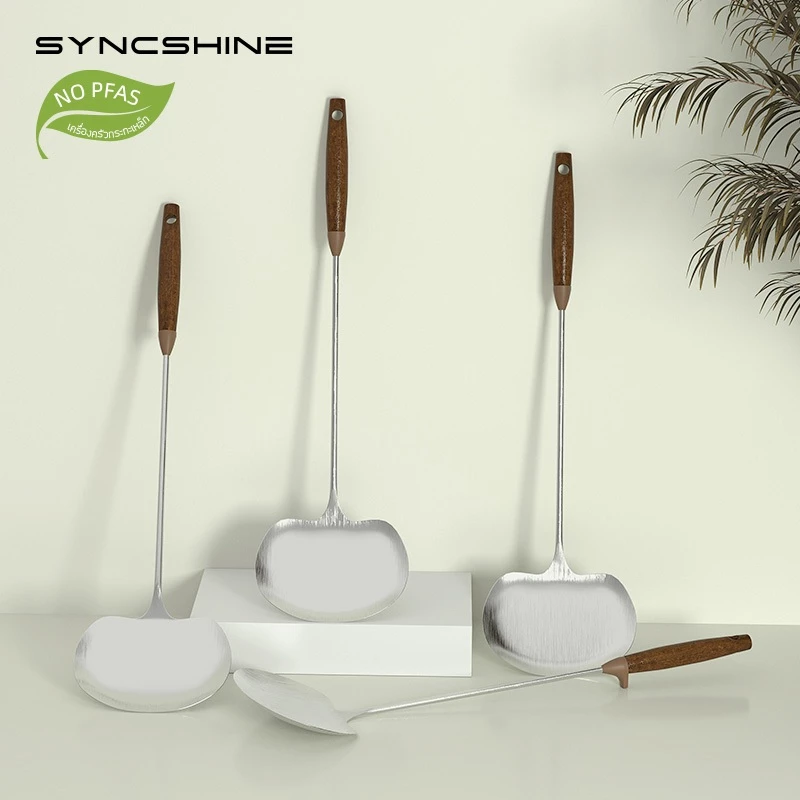 SyncShine ตะหลิวอเนกประสงค์ 2 in 1 สแตนเลส 304 Food Grade พร้อมทัพพี ด้ามจับไม้วอลนัท ยาว 40 ซม. ใช้ได้กับกระทะทุกประเภท