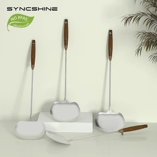 SyncShine ตะหลิวอเนกประสงค์ 2 in 1 สแตนเลส 304 Food Grade พร้อมทัพพี ด้ามจับไม้วอลนัท ยาว 40 ซม. ใช้ได้กับกระทะทุกประเภท