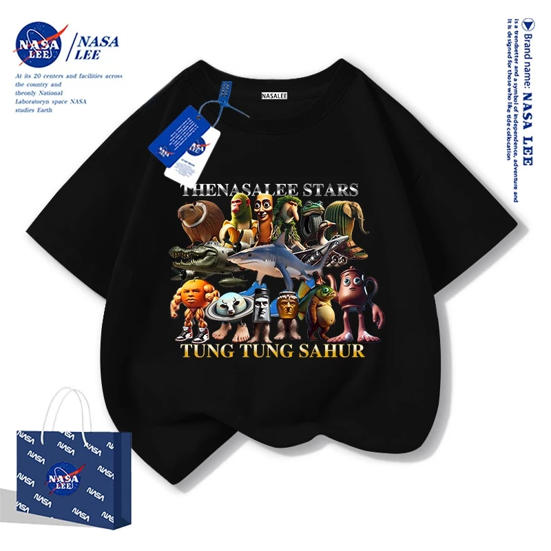 【สินค้ามีในสต็อก】เสื้อยืดเด็ก NASA สีดำ ผ้าฝ้าย 100% ลายพิมพ์จากตำนาน Shan Hai Jing ไซส์หลวม แขนสั้น สำหรับเด็กชายและเด็กหญิง