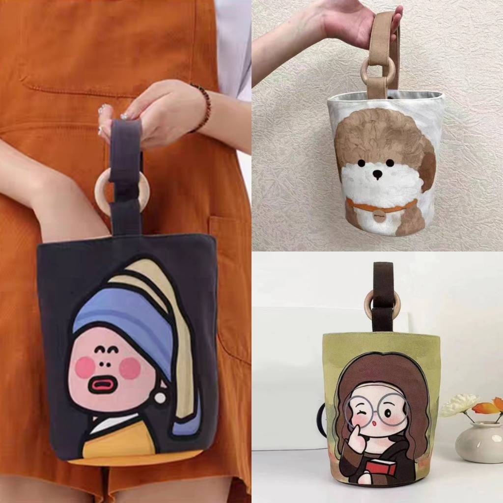 มือถือ Bento Bag Bucket Lunch Outdoor bag Tote การ์ตูนน่ารักผ้าใบแบบพกพา
