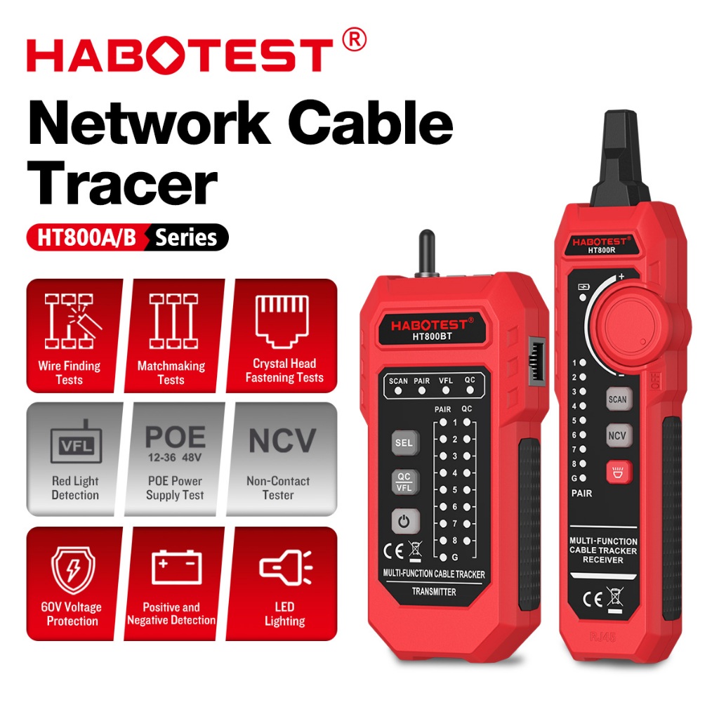 HABOTEST HT800A/B เครื่องวิเคราะห์เครือข่ายสายเคเบิล RJ45 RJ11 เครื่องทดสอบสายเคเบิล CAT5 CAT6 ตัวรั