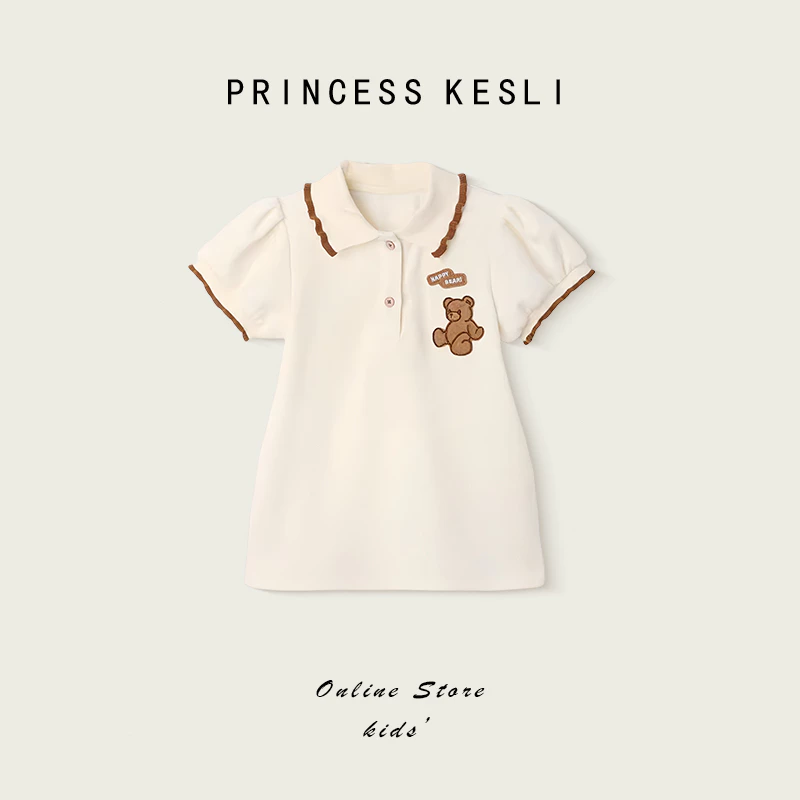 Princess Kesli ชุดเดรสเด็กผู้หญิง แขนพอง ลายหมี ชุดเดรสโปโล ลายหมี สำหรับเด็กผู้หญิง 1-9 ปี