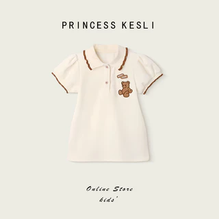 Princess Kesli ชุดเดรสเด็กผู้หญิง แขนพอง ลายหมี ชุดเดรสโปโล ลายหมี สำหรับเด็กผู้หญิง 1-9 ปี