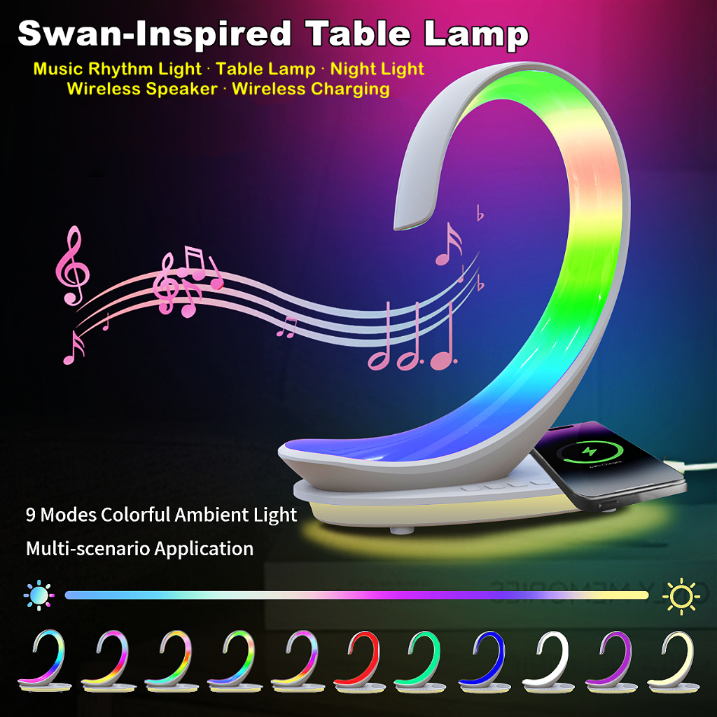 โคมไฟตั้งโต๊ะมัลติฟังก์ชั่น, โคมไฟเพลง 5-ใน-1, โคมไฟจังหวะ RGB, โคมไฟข้างเตียงพร้อมที่ชาร์จไร้สาย, ล