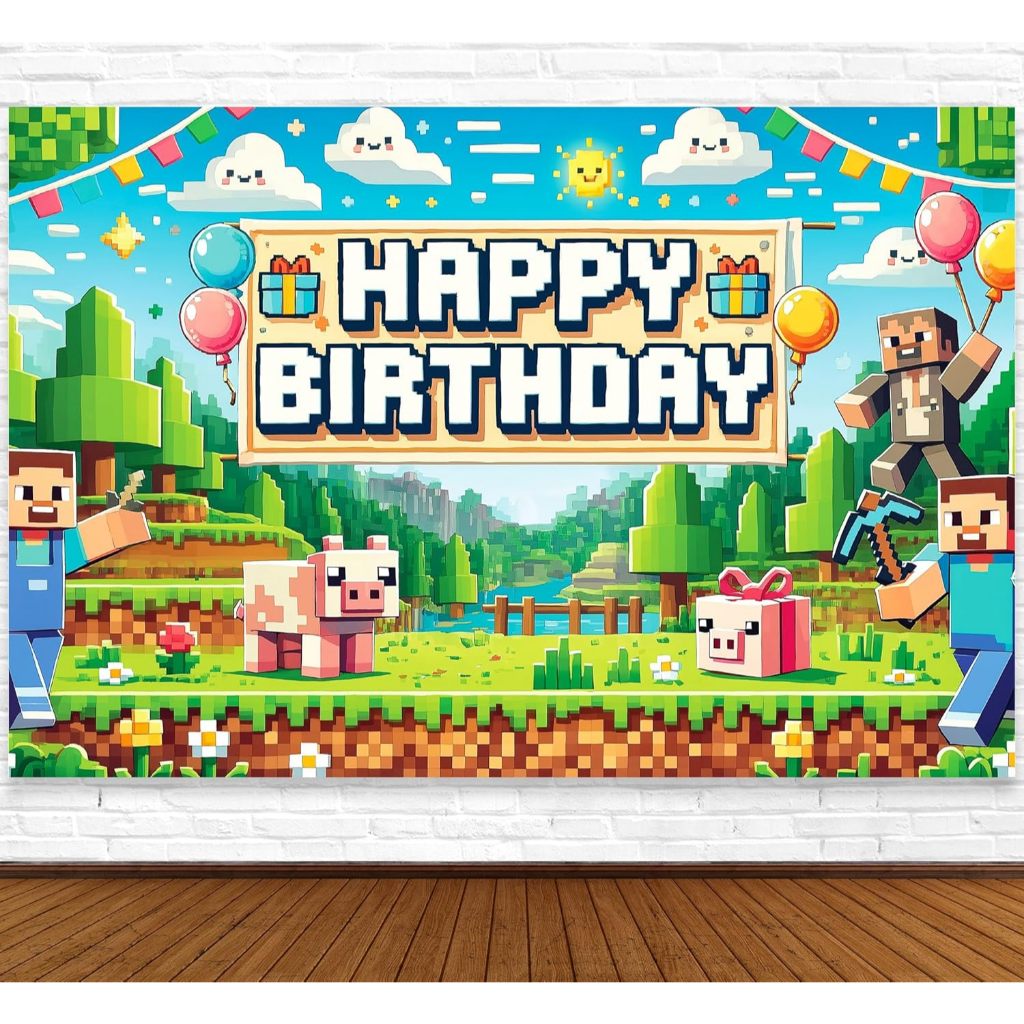 Pixel ฉากหลัง Happy Birthday Banner Boy Miner Bday Sign Villager Gaming ตกแต่งงานเลี้ยงวันเกิดวิดีโอเกมพื้นหลังตกแต่ง
