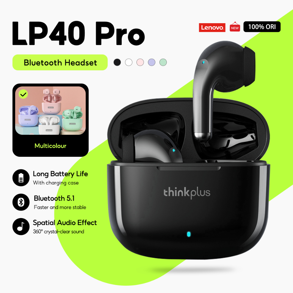 Lenovo Earbuds Audio LP40S True wireless Bluetooth 5.0 หูฟังหูฟังชุดหูฟังสําหรับเล่นเกมที่มีความหน่วงต่ําพร้อมไมโครโฟนเพลง HD