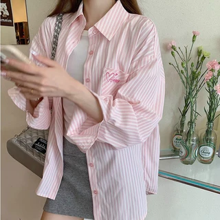 Rommers เสื้อเชิ้ตปักลายสีชมพู Loose All-Match chic Top