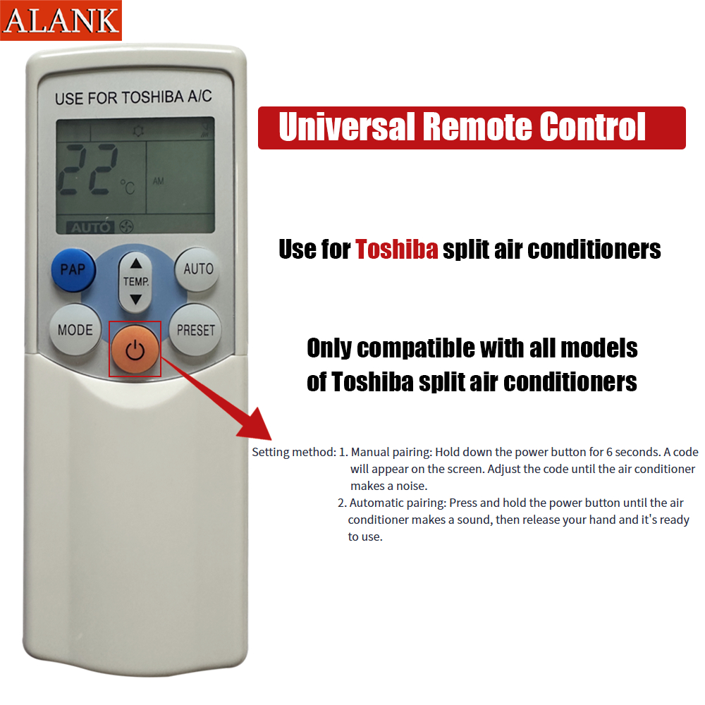 ALANK รีโมทแอร์ Toshiba แบบสากล - สำหรับเครื่องปรับอากาศแบบแยกส่วนทุกรุ่นเท่านั้น