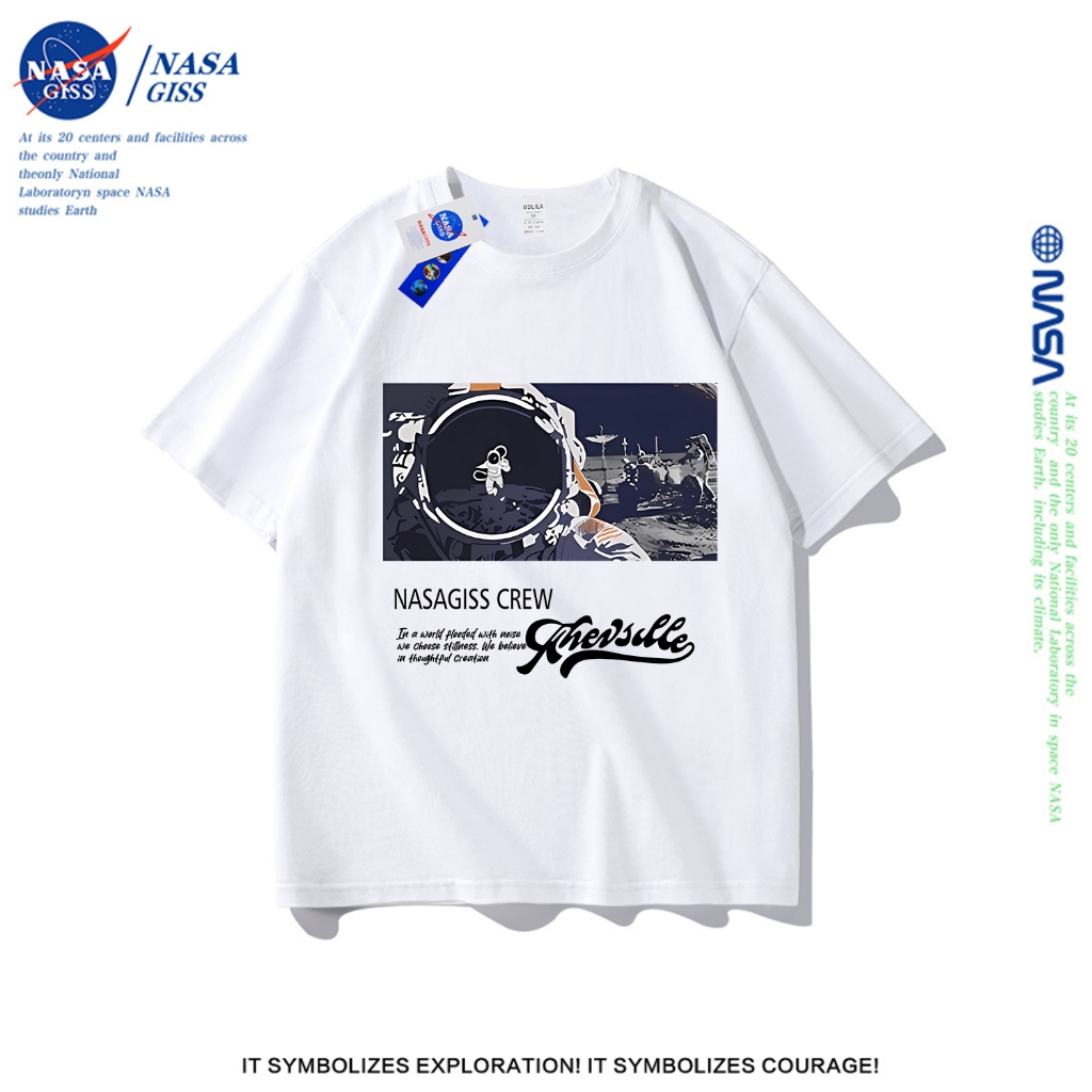 NASA เสื้อยืดชายหญิงแขนสั้น สตรีทฮิปฮอป summer Moon landing เสื้อยืด พิมพ์ลาย คอตตอน คอกลม หลวมและระบายอากาศ