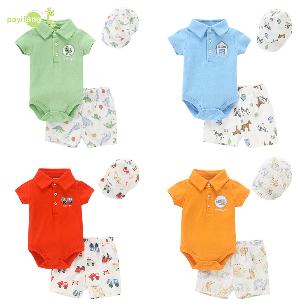 PAYI BABY-3 PIECES เด็กทารกชุด <แขนสั้น POLO Collar ผ้าฝ้ายนุ่ม Romper Onesies + กางเกงขาสั้น + หมวก>
