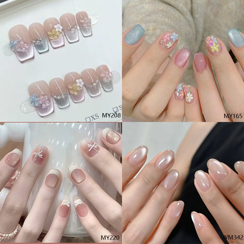 แผ่นแปะเล็บ Cat Eye Line Dopamine French Sweet Daisy Pearl กระพริบที่ถอดออกได้สวมใส่เล็บ Ultra-Thin เล็บสําเร็จรูป Patch ปลอม