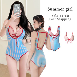 ส่งไว 24 ชม🌊ชุดว่ายน้ำวันพีช เว้าสูง ลายทาง Retro สไตล์เกาหล…