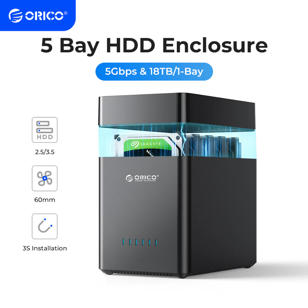 ORICO 5-Bay 3.5 นิ้ว USB Hard Drive Enclosure แม่เหล็กเครื่องมือฟรี SATA เป็น USB 3.0/Type-C HDD Case (DS500)