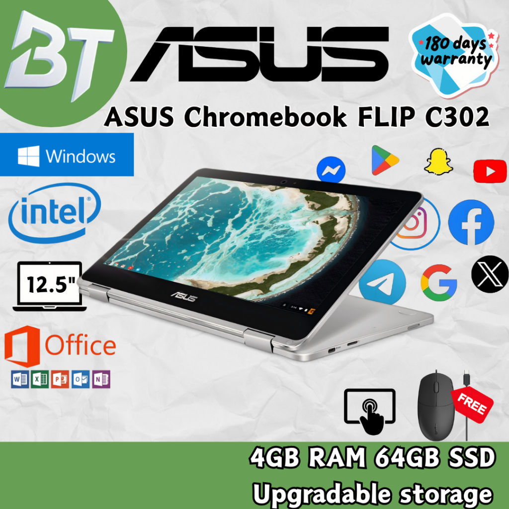 ASUS Chromebook C302 หน้าจอสัมผัส 4GB RAM 64GB SSD 12.5" แล็ปท็อปโยคะสูงสุด 320GB^OFFICE^มือสอง