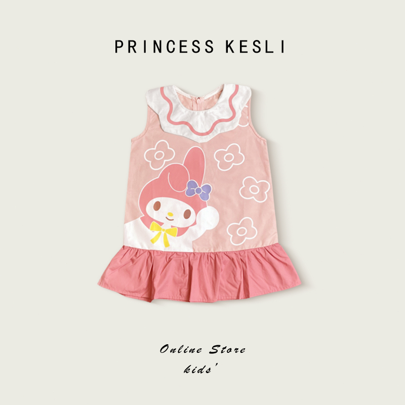 Princess Kesli เดรสเด็กผู้หญิง เขนกุด กลีบคอ ชุดการ์ตูนหวาน เดรสแขนกุด  1-9 ปี