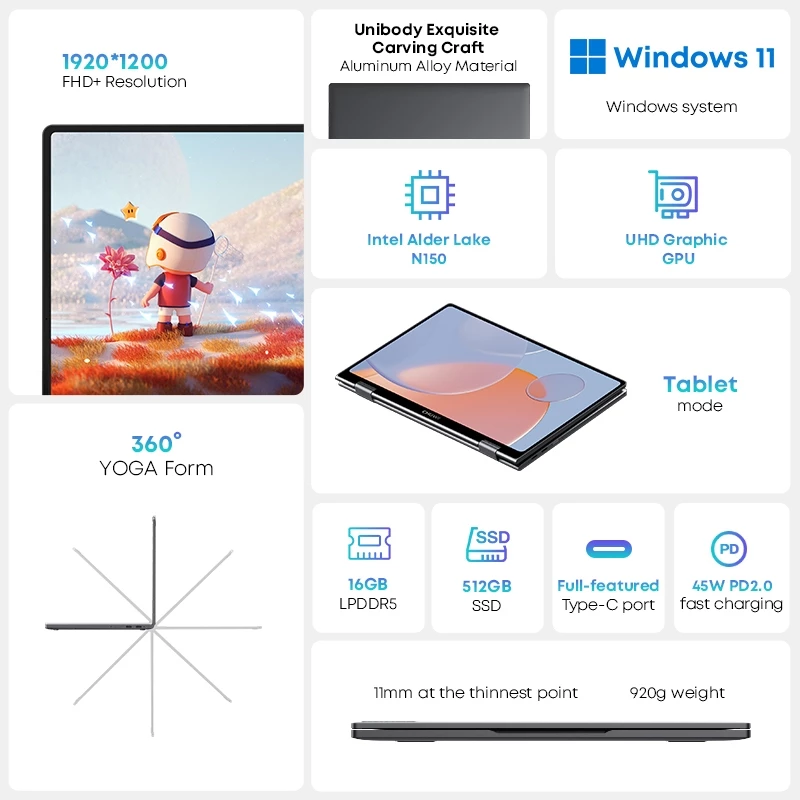 2026 Chuwi Minibook X 1-In-2 Tablet With Intel N150 10.51-Inch Fhd Ips Screen Lpddr5 12Gb 512G Ssd Windows 11 1200x1920 Laptop thumbnail 3