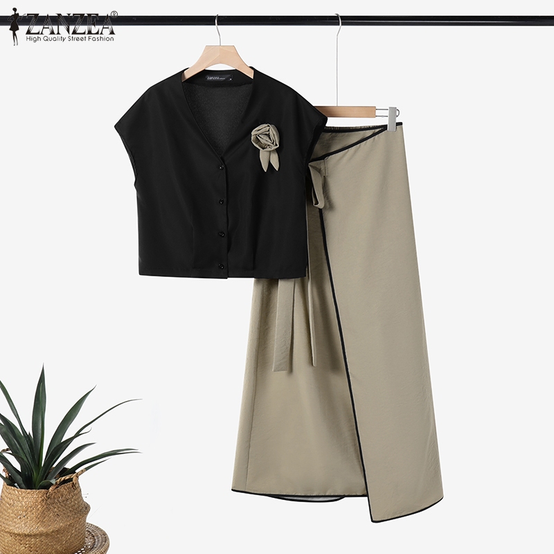 ZANZEA ซานเซีย ผู้หญิงเสื้อคอกลมแขนสั้นทรงหลวมเกาหลี + กระโปรงชุดสองชิ้น