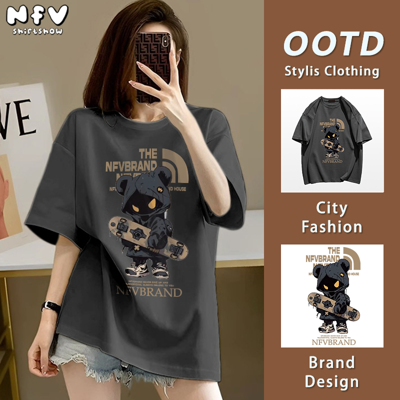 NFV ส่งจากไทย🚚พิมพ์ลายแฟชั่น เสื้อยืดแขนสั้นคอกลม ทรงหลวม ผ้าฝ้ายแท้ สาวอ้วน YG6