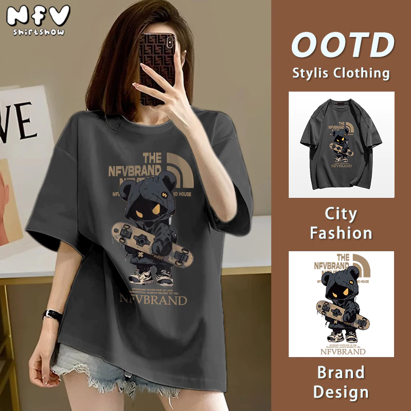 NFV ส่งจากไทย🚚พิมพ์ลายแฟชั่น เสื้อยืดแขนสั้นคอกลม ทรงหลวม ผ้าฝ้ายแท้ สาวอ้วน YG61