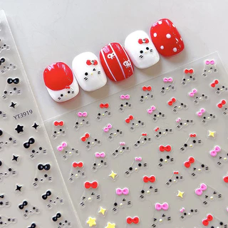 Rou Bao Nail Kitty Expression สติกเกอร์สีดําสีชมพูโบว์สีแดงพร้อมกาวด้านหลังเล็บ Art DIY ตกแต่ง