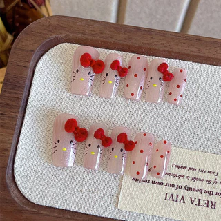 Rou Bao Nail Kitty Expression สติกเกอร์สีดําสีชมพูโบว์สีแดงพร้อมกาวด้านหลังเล็บ Art DIY ตกแต่ง