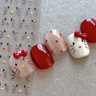 Rou Bao Nail Kitty Expression สติกเกอร์สีดําสีชมพูโบว์สีแดงพร้อมกาวด้านหลังเล็บ Art DIY ตกแต่ง